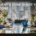 Two colleagues look at the same laptop screen with opposite expressions, one satisfied, one concerned