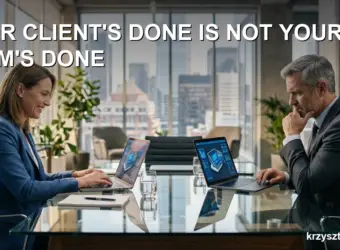 Two colleagues look at the same laptop screen with opposite expressions, one satisfied, one concerned