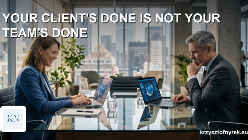 Two colleagues look at the same laptop screen with opposite expressions, one satisfied, one concerned