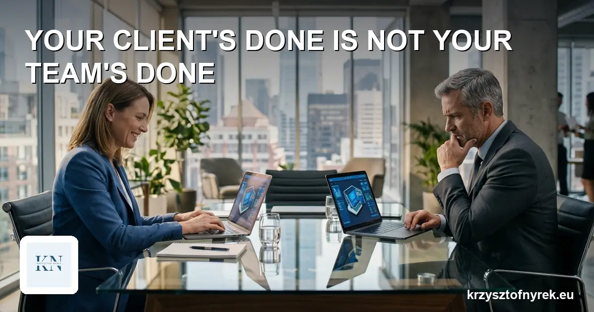 Two colleagues look at the same laptop screen with opposite expressions, one satisfied, one concerned