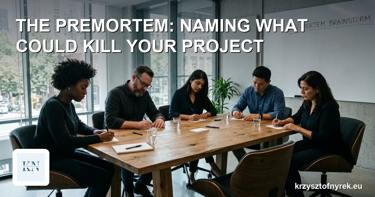 Five colleagues sit around a table silently writing on index cards during a premortem exercise