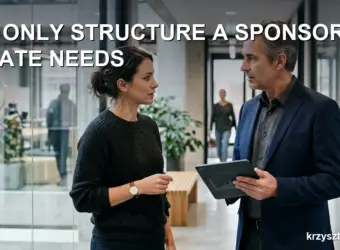 Project manager briefing a sponsor in an office hallway