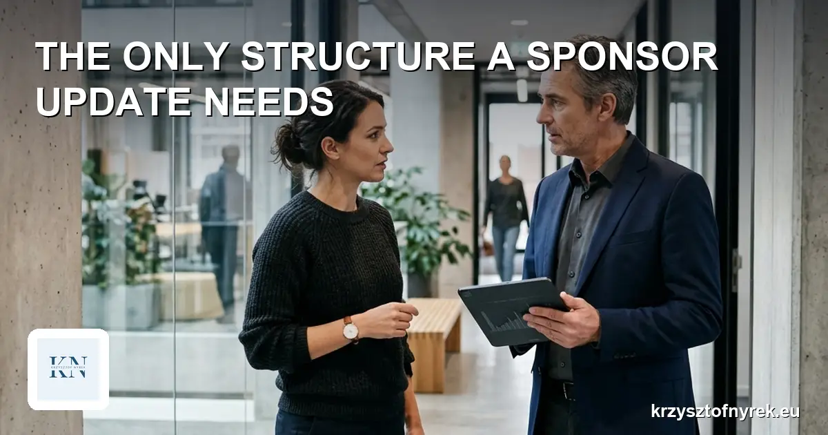Project manager briefing a sponsor in an office hallway