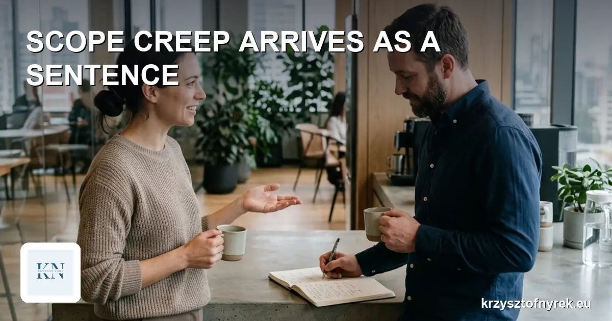 Two colleagues talking over coffee while a project manager takes notes