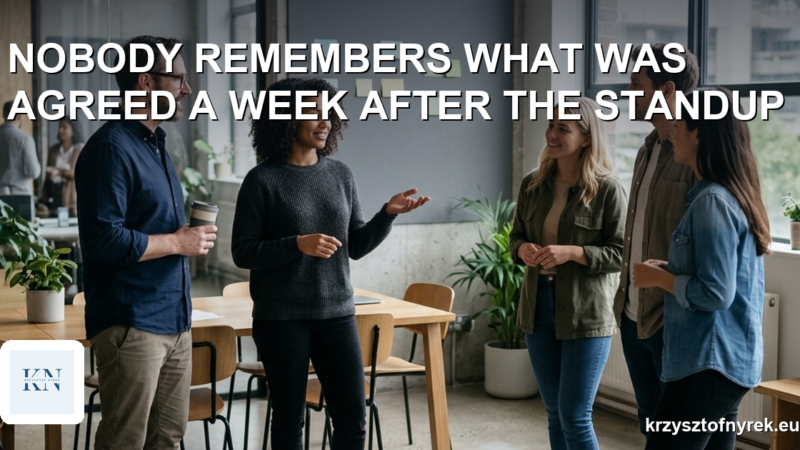 A project team at a morning standup in an office, one person speaking while others listen