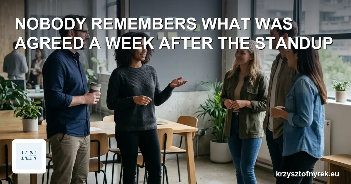 A project team at a morning standup in an office, one person speaking while others listen