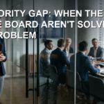 A project manager standing in a corridor outside a glass-walled boardroom where executives are meeting