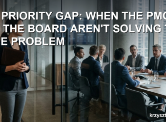 A project manager standing in a corridor outside a glass-walled boardroom where executives are meeting