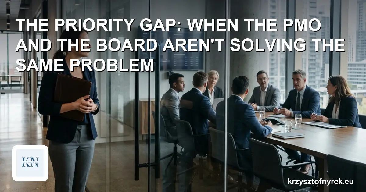 A project manager standing in a corridor outside a glass-walled boardroom where executives are meeting