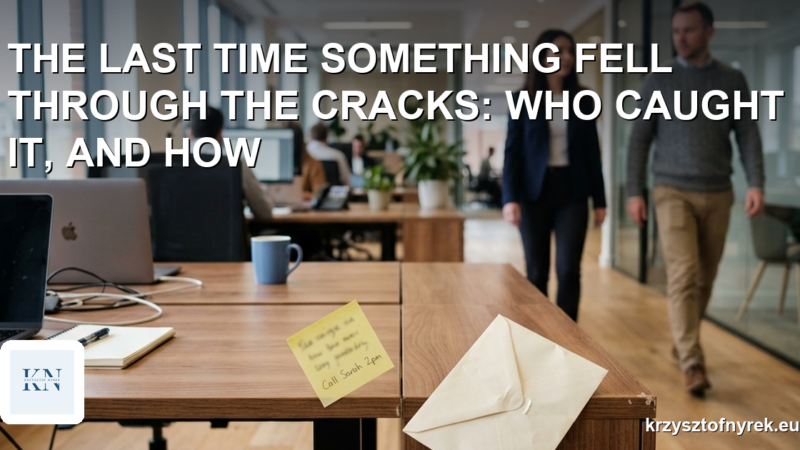 Sticky note and envelope slipping between two office desks
