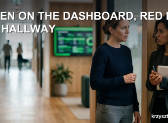 Two colleagues talking in an office hallway with a green project dashboard in the background
