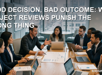 A project team in a review meeting listening to one person explain a decision