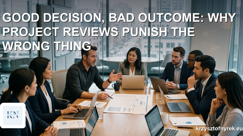A project team in a review meeting listening to one person explain a decision