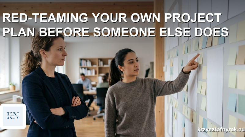 A project manager critically reviewing a wall of plan notes with a colleague
