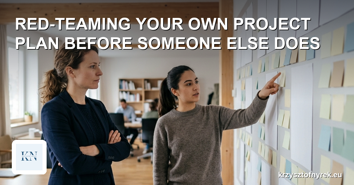 A project manager critically reviewing a wall of plan notes with a colleague