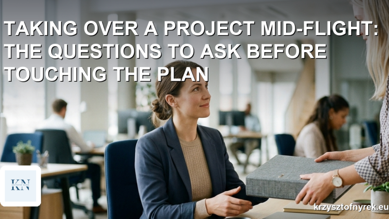 A project manager receiving a project binder from a colleague during a handover