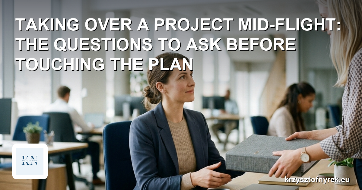 A project manager receiving a project binder from a colleague during a handover