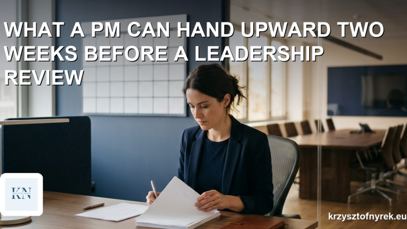 A project manager preparing a short briefing near an empty boardroom