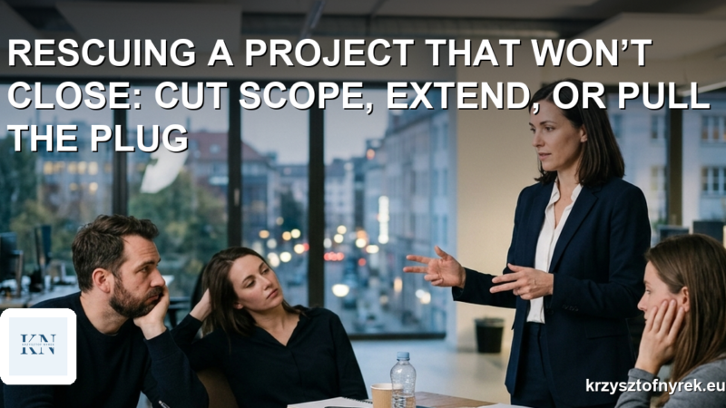 A project manager presenting options to a tired team late in the day