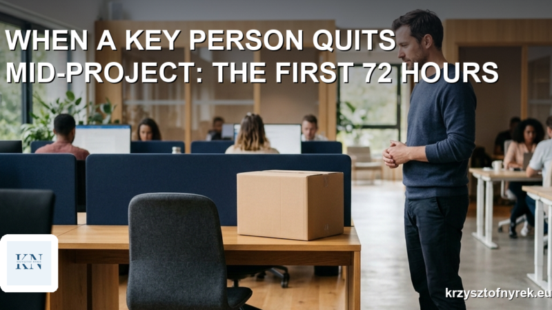 A project manager looking at an empty desk with a box on it