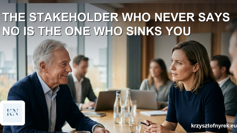A smiling stakeholder nodding in a meeting while the project manager looks doubtful