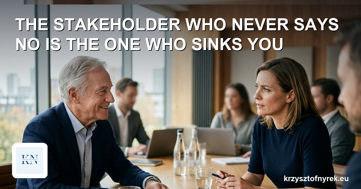 A smiling stakeholder nodding in a meeting while the project manager looks doubtful