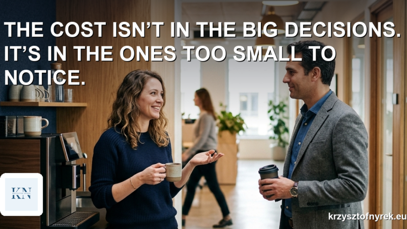 Two colleagues agreeing on something small in a quick hallway conversation