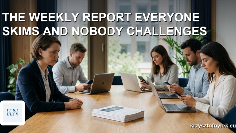 A printed report lying untouched on a meeting table while people look at their screens