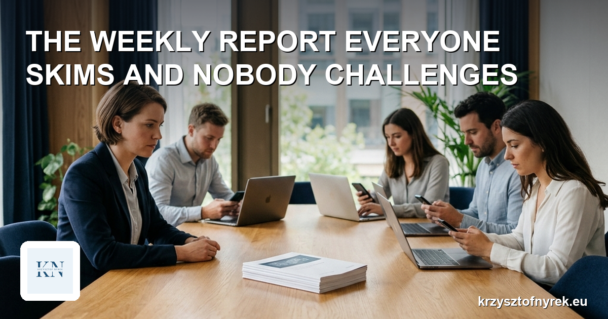 A printed report lying untouched on a meeting table while people look at their screens
