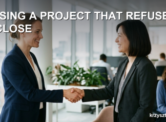 A project manager and a client shaking hands at the end of a project