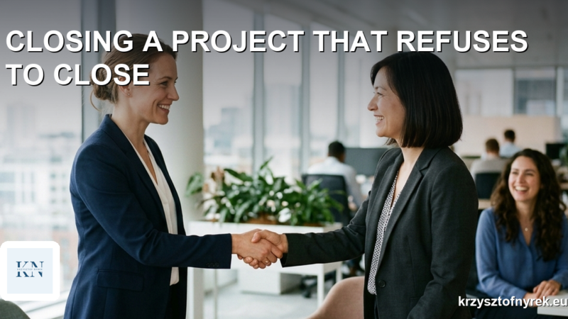 A project manager and a client shaking hands at the end of a project