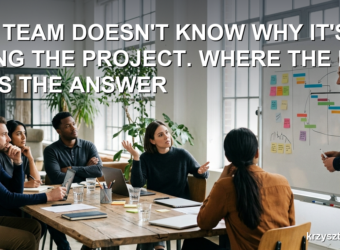 A project team at a table looking uncertainly at a project plan on a whiteboard