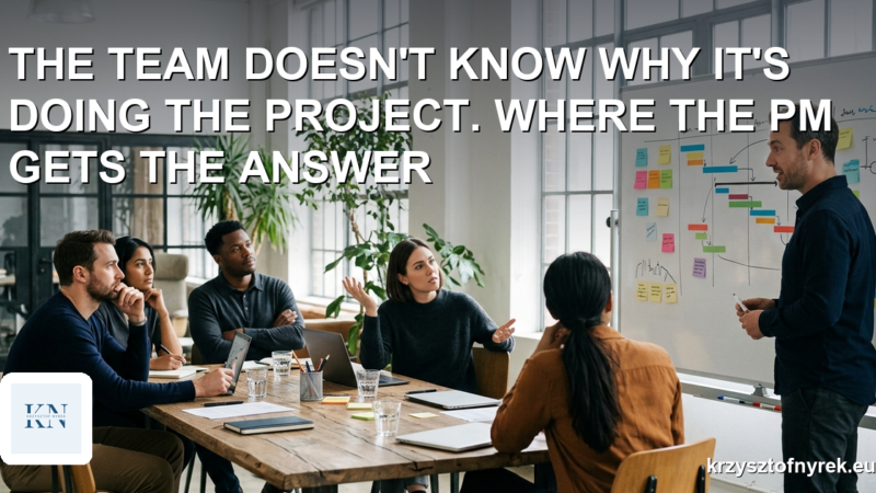 A project team at a table looking uncertainly at a project plan on a whiteboard